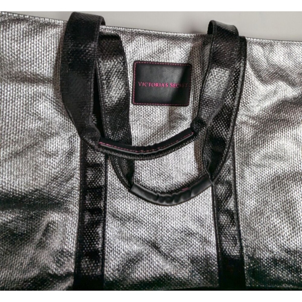 Victoria's Secret Weekender Large Tote Bag Silver 24X14 in Travel Gym Pool Beach - Picture 3 of 10